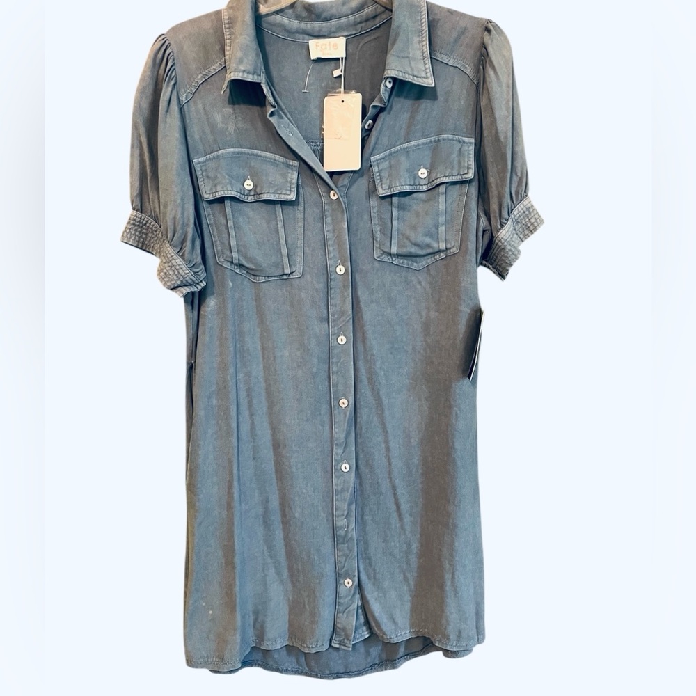NWT Fate Chambray front pocket mini shirt dress in light blue